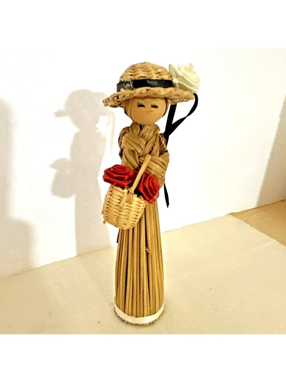 70s Korean Straw Mini Doll Wood Base Basket of Flowers Rare Folk Art 6โ